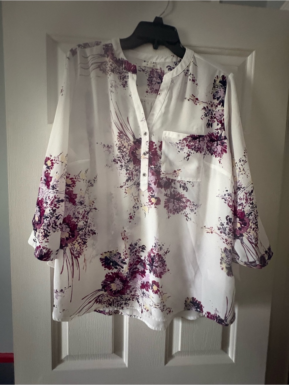 Maurices White Blouse with Purple Floral Print plus size 0